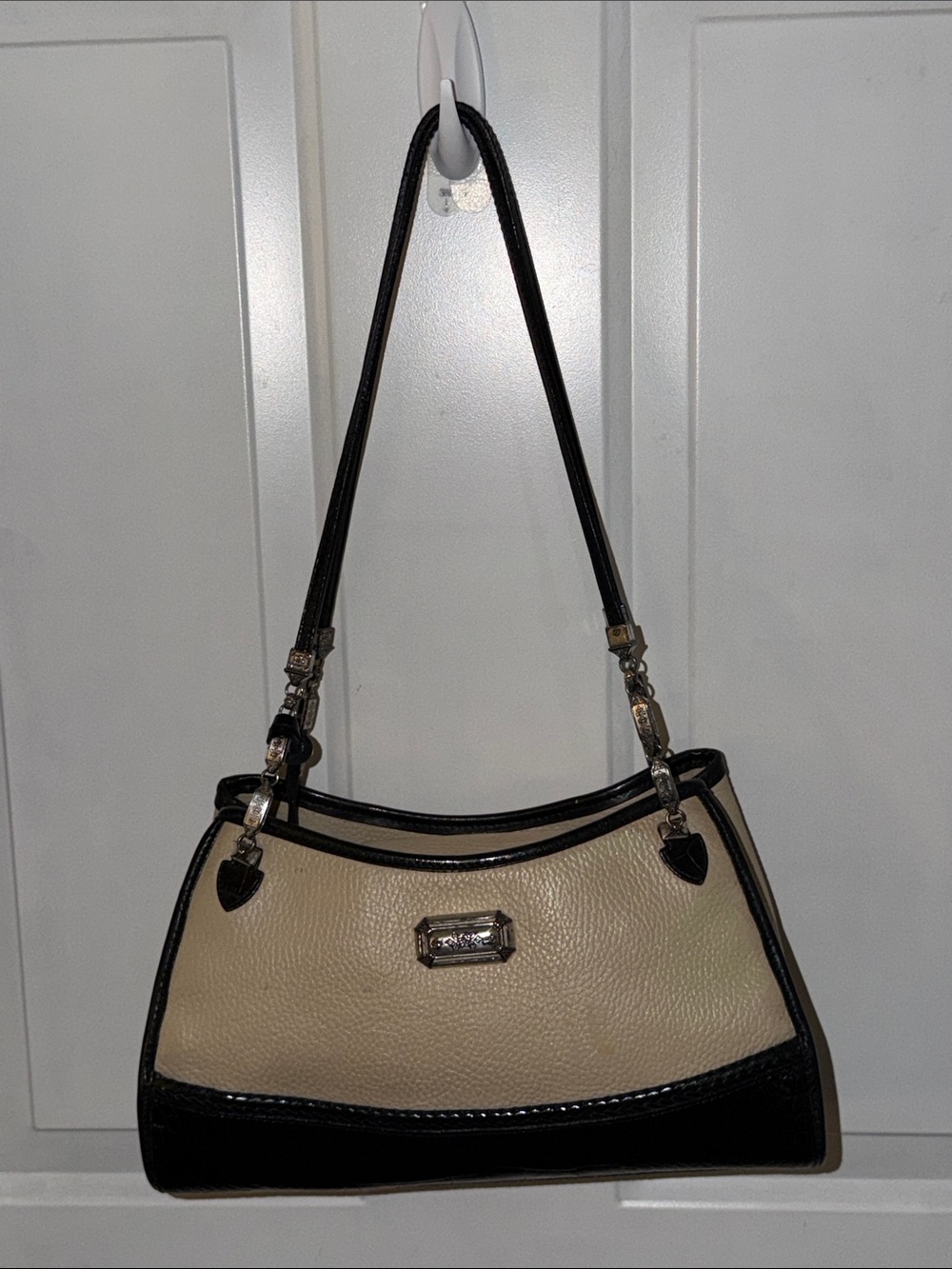 Two-Tone Beige and Black Shoulder Bag with Contrast Trim